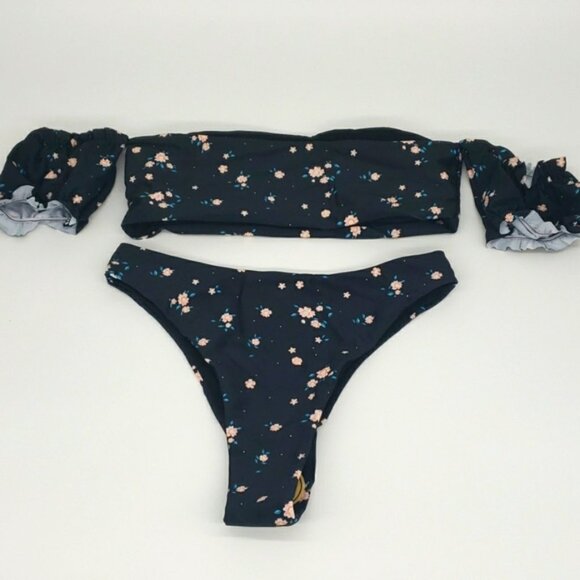 Black Boho Off Shoulder Bandeau High Waist Bikini Set Swimsuit - Picture 7 of 8